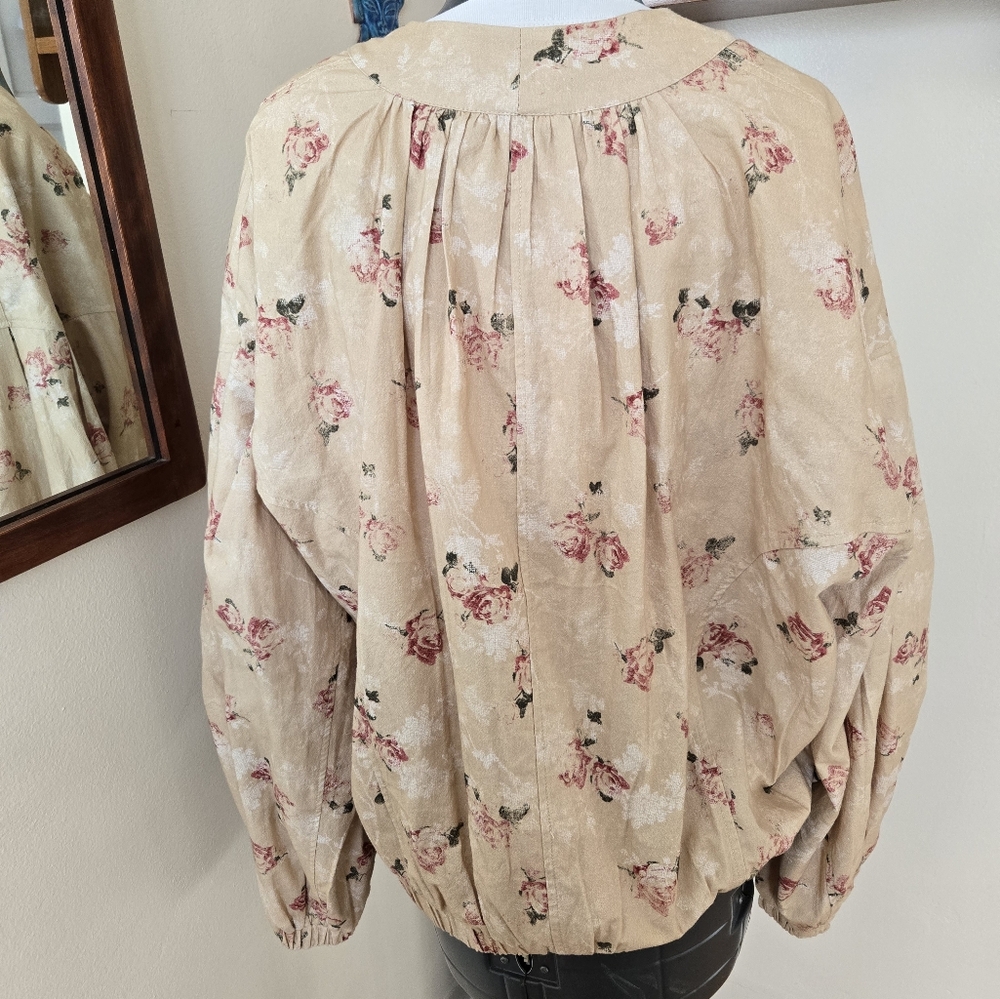 Free People Beige Floral Bomber Jacket with Pink Roses - Picture 3 of 6